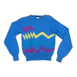 Vintage Demetre Virgin Wool Abstract Colorful Sweater Geometric 80s Sporty Blue